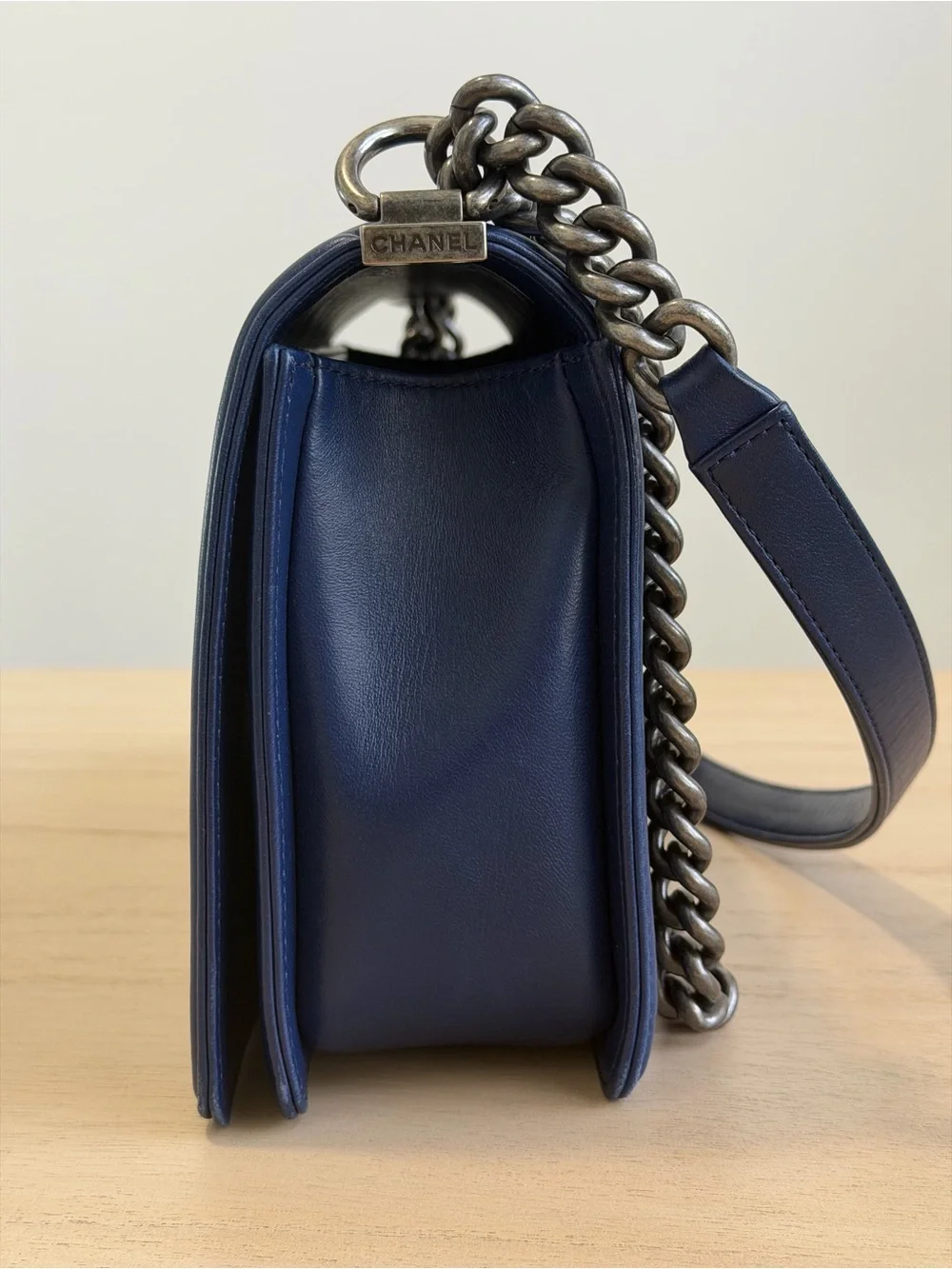 CHANEL Navy Boy Flap Bag Quilted Lambskin Medium with Aged Hardware